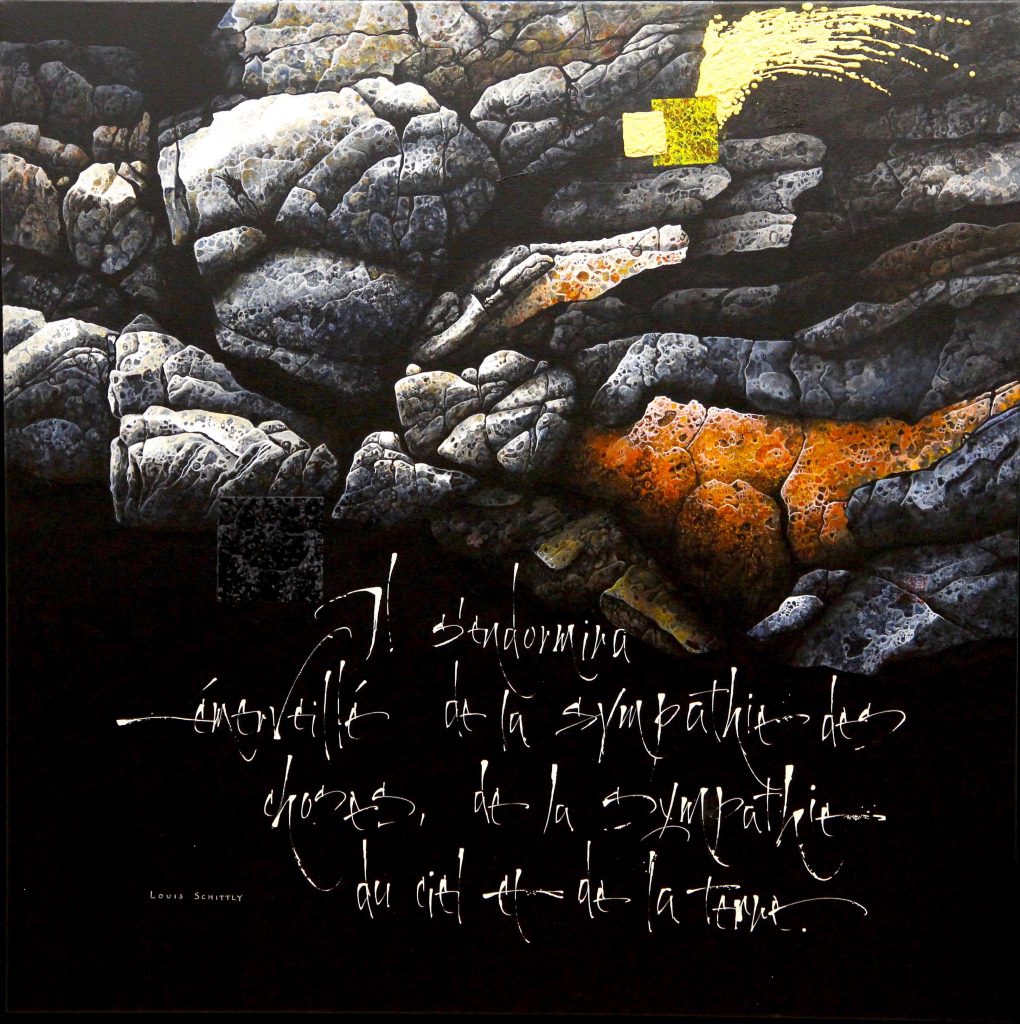 Toile "Le ciel et la terre". Peinture de François JEKER avec un poème de Louis Schittly calligraphié par Denise Lach